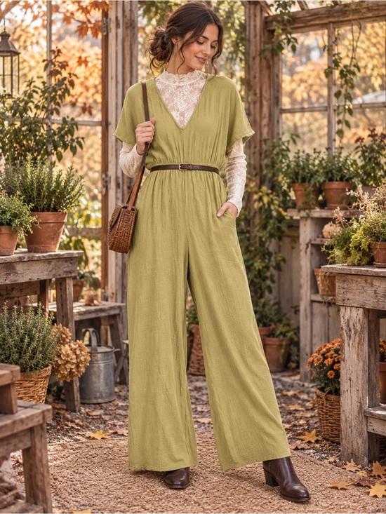 Cost Plus World Market Pants - World Market 100% Cotton Jumpsuit Jumper Size Large XL Mossy Green Cottagecore